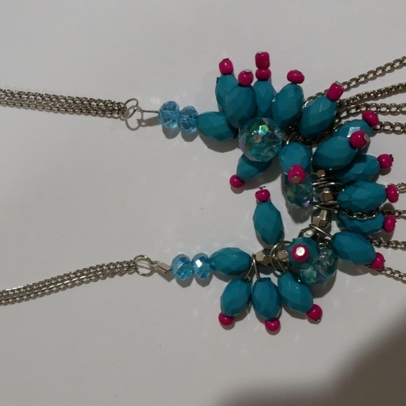 Turquoise & Red Beaded Statement Necklace & Earrings – Silver Fringe Multi-Chain - Picture 6 of 7